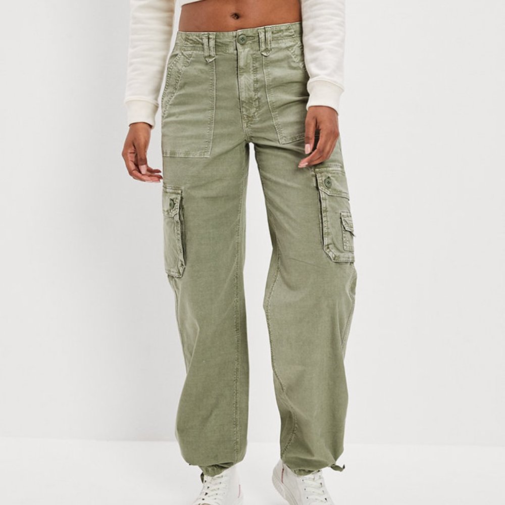 American Eagle Stretch Cargo Straight Pant Olive Green Baggy Fit 6 Tall Long
